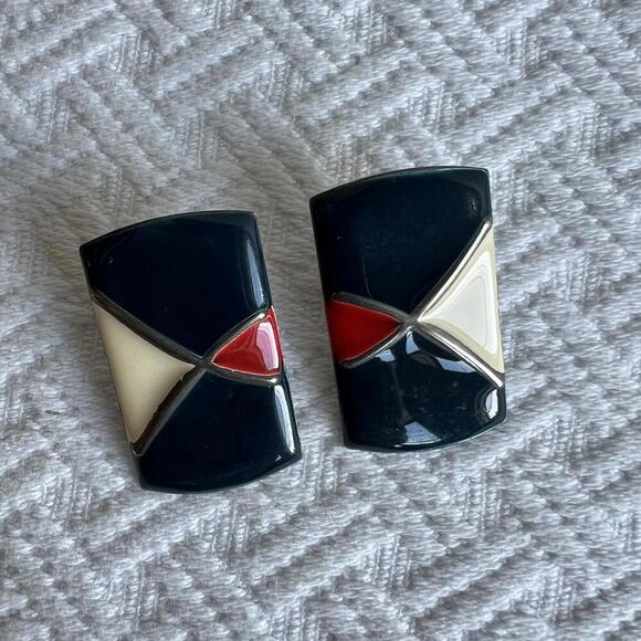 Vintage Women's Red White Blue Enamel Finish Chevron Design 80s Retro Earrings - Picture 8 of 9